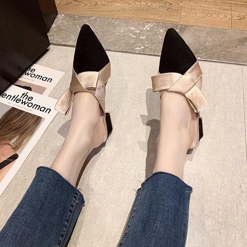 Dép cao gót mũi nhọn đính nơ thời trang mùa hè hàng mới dành cho bạn nữ 2021