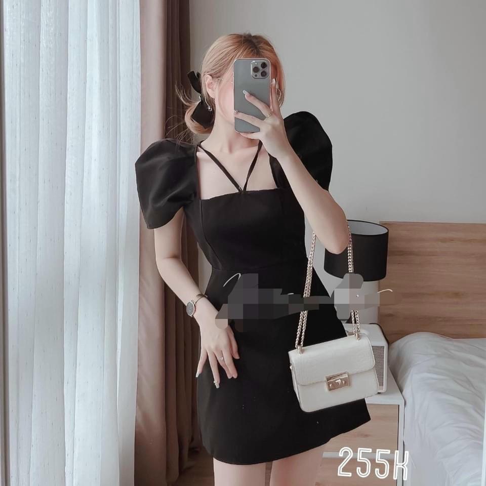 Váy đầm nữ dáng suông tay phồng cổ vuông cột nơ