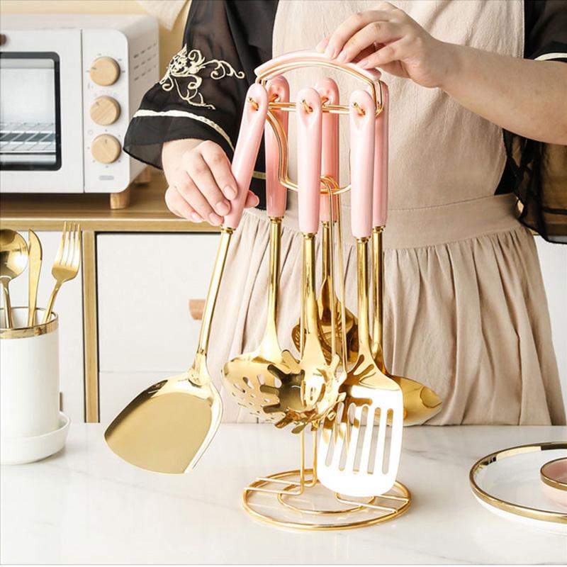 6/7PC Nồi Bộ Đồ Dùng Nhà Bếp Phong Cách Bắc Âu Cao Cấp Thép Không Gỉ Gốm Tay Cầm Dụng Cụ Nấu Ăn Dụng Cụ Nhà Bếp Phụ Kiện