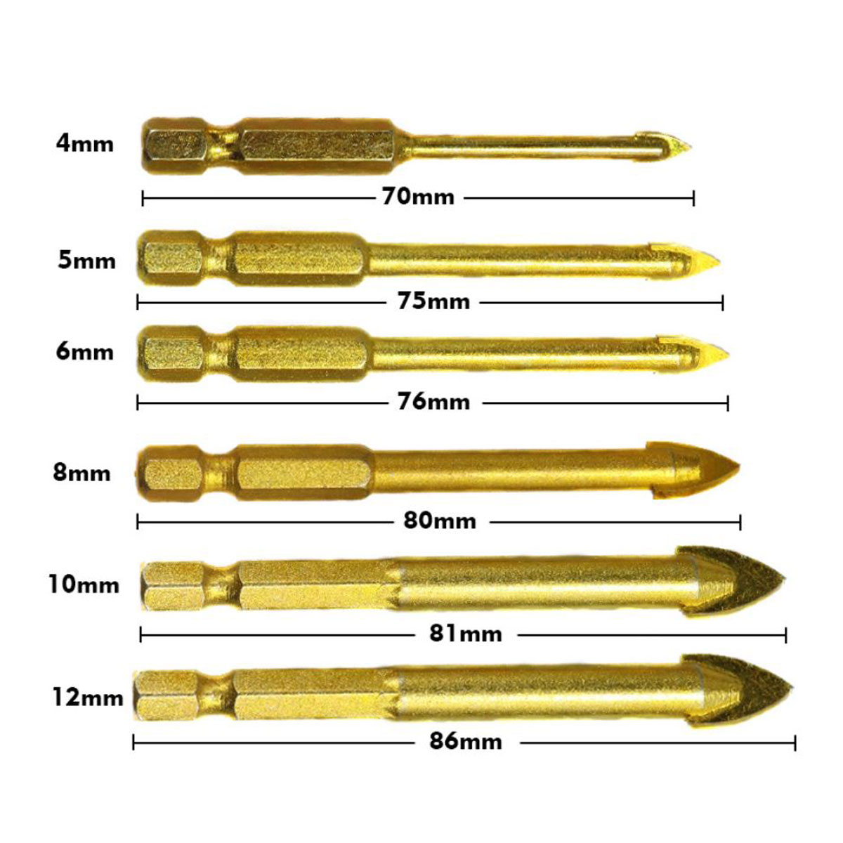 Bộ 6 Mũi Khoan Tam Giác Mạ Titan Khoan Tường - Thủy Tinh - Bê Tông Đa Chức Năng từ 4-12mm