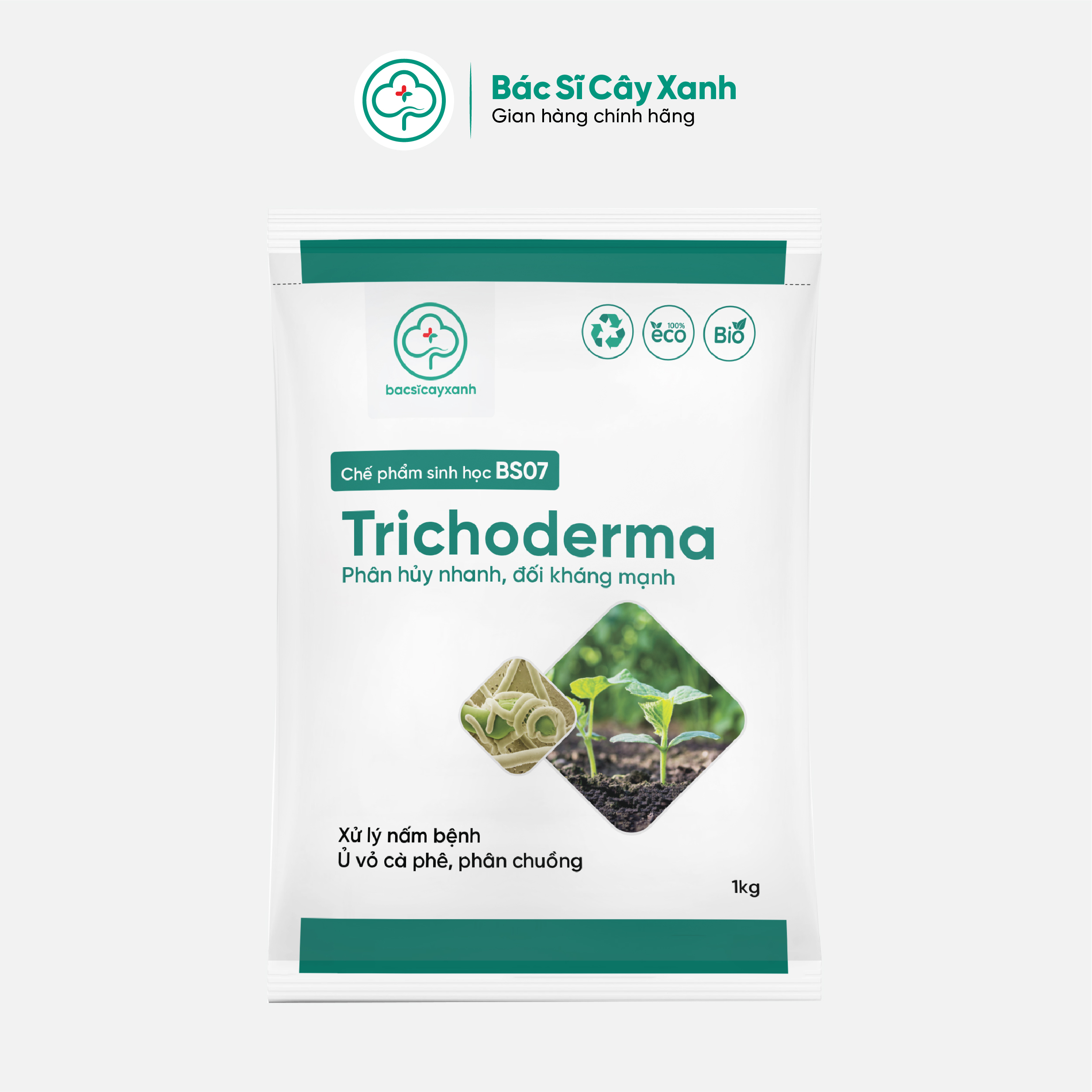 Trichoderma Chế phẩm ủ phân, phân huỷ vỏ cà phê, diệt nấm đối kháng, mầm bệnh trong đất BS07 1kg NSX Bacsicayxanh