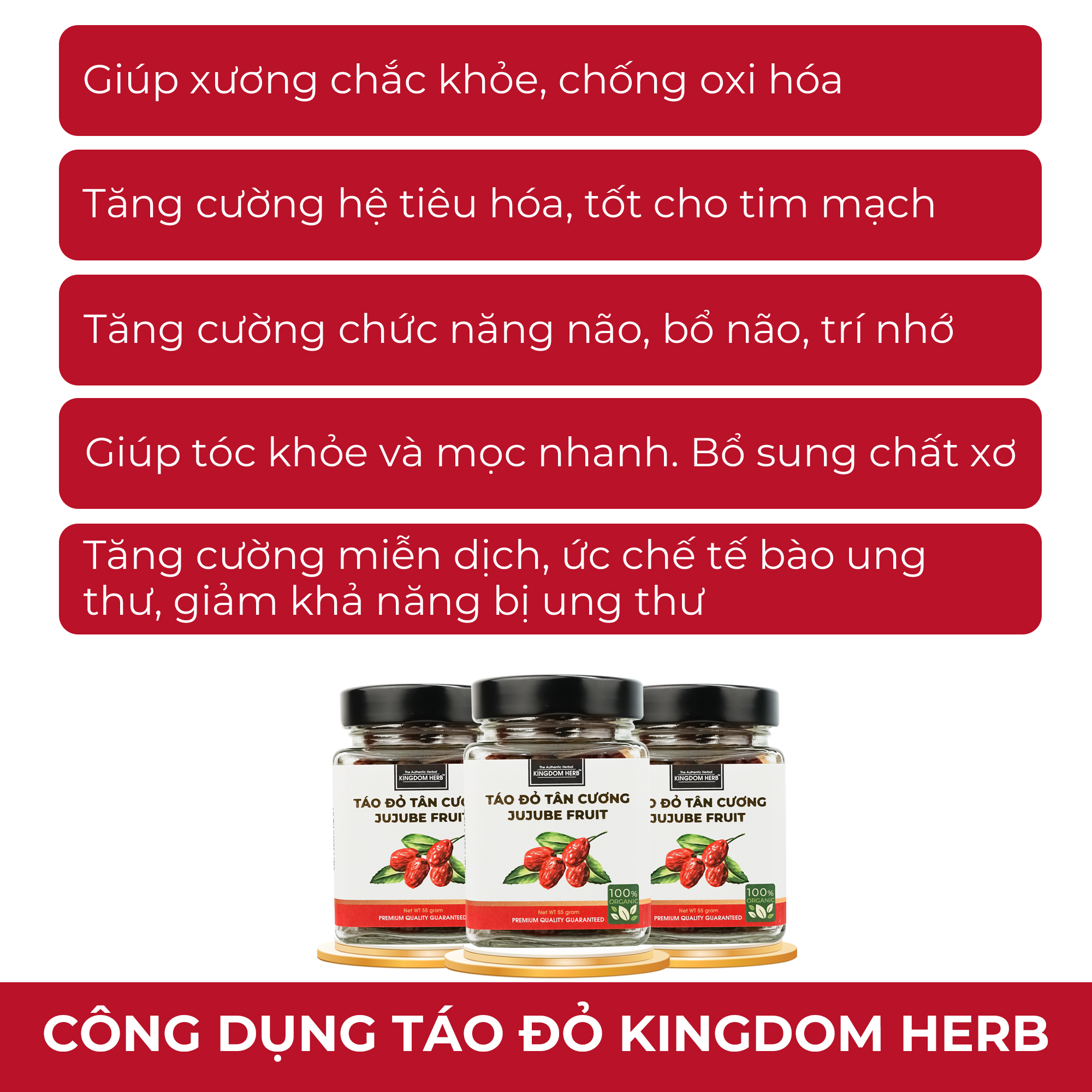 Táo đỏ Tân Cương hữu cơ sấy khô cắt lát Kingdom Herb chính hãng thượng hạng hộp 55g - KQ