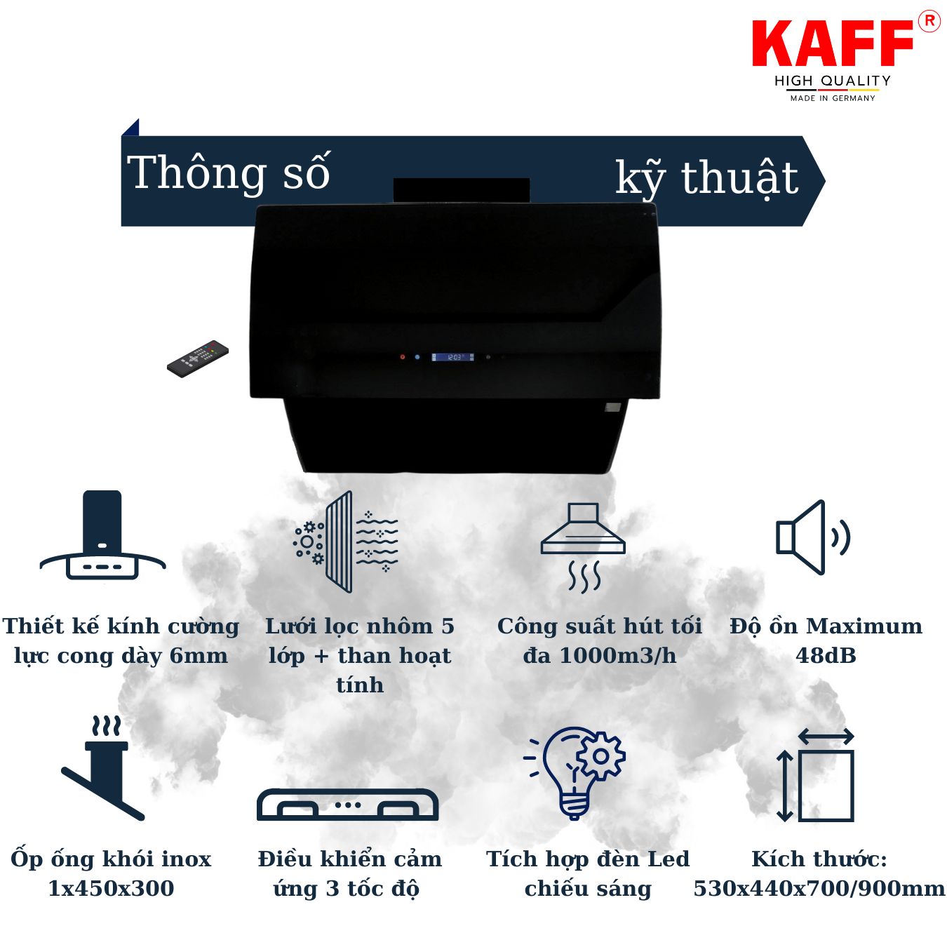 Máy hút mùi kính cong dạng TV cảm ứng _ điều khiển từ xa 700mm KAFF KF_LUX_AT70H_BK Tặng bộ lọc than thay thế _ Hàng Chính Hãng