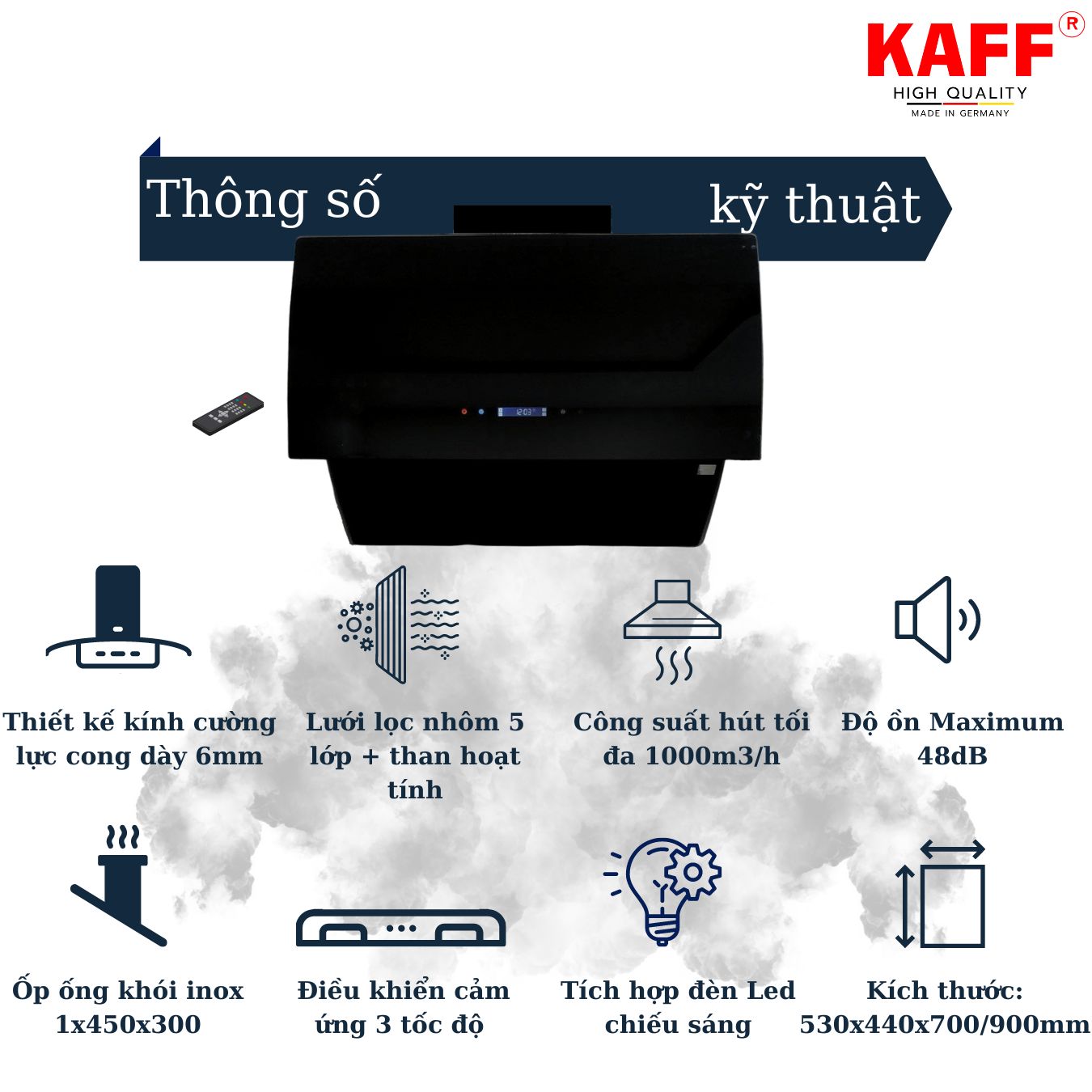 Máy hút mùi kính cong dạng TV cảm ứng điều khiển từ xa 900mm KAFF KF-LUX-AT90H-BK Tặng bộ lọc than thay thế - Hàng Chính Hãng