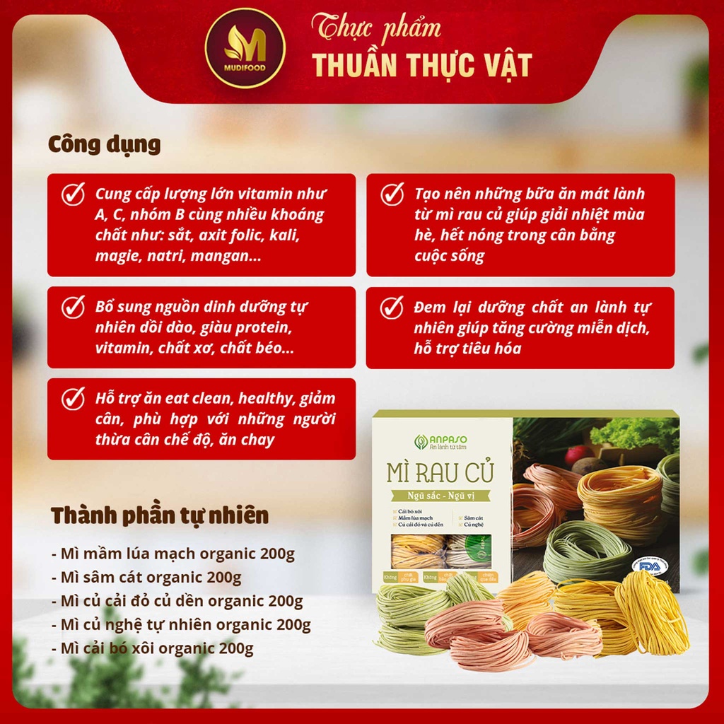 Mì Rau Củ 100% Organic Ngũ Sắc Ngũ Vị Anpaso Ngon Sạch 1KG - Cung Cấp Nhiều Vitamin, Giàu Sắt, Protein Thực Vật, Chất Xơ, Tốt Cho Sức Khỏe, Tăng Cường Hệ Miễn Dịch, Hỗ Trợ Tiêu Hóa - Người Tập Gym và Yoga, Ăn Kiêng, Ăn Chay, Giảm Cân, Eat Clean