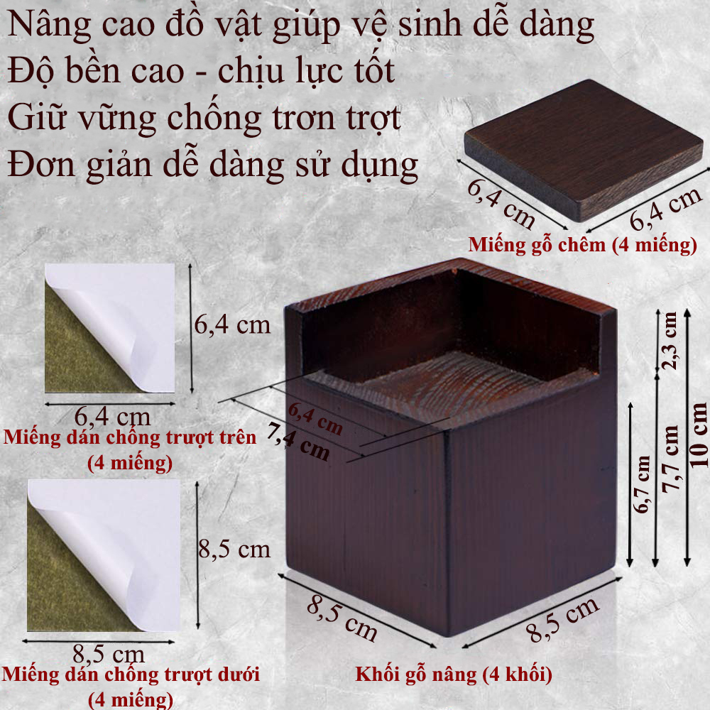 BỘ GỖ NÂNG CHÂN BÀN GHẾ TỦ GIƯỜNG NỘI THẤT - NÂNG CAO TỪ 6,7 cm ĐẾN 7,7 cm MÀU ĐEN (BỘ 4 CÁI)