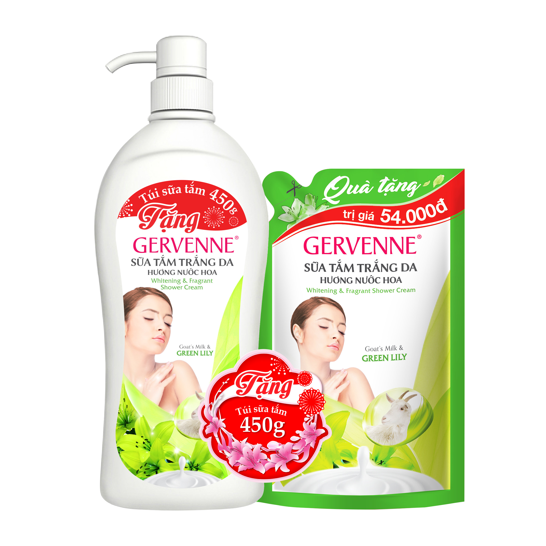 Gervenne Sữa tắm trắng da Green Lily 1.2L - TẶNG túi sữa tắm 450gr