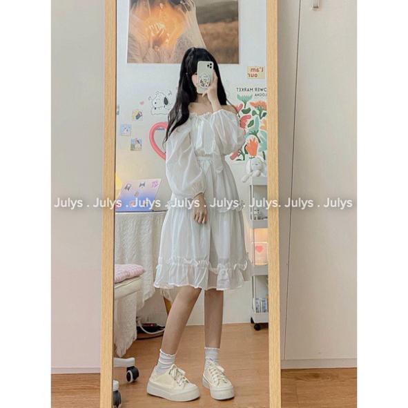 váy trễ vai trắng tay bồng dáng dài, đầm trễ vai tiểu thư dự tiệc chất đẹp, ulzzang xinh xắn