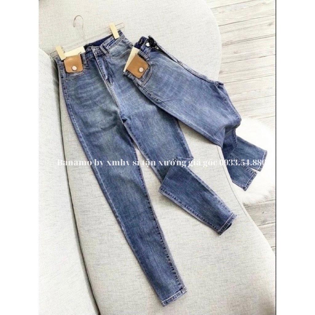 Quần jean nữ túi nắp da cạp cao hách dáng miên man siêu đẹp thời trang Banamo Fashion jean nữ túi nắp da 769