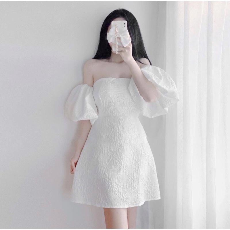 Váy Trễ Vai Xốp Phồng Quảng Châu 2 Màu Đen Trắng, Đầm Dự Tiệc Tiểu Thư Xinh Xắn