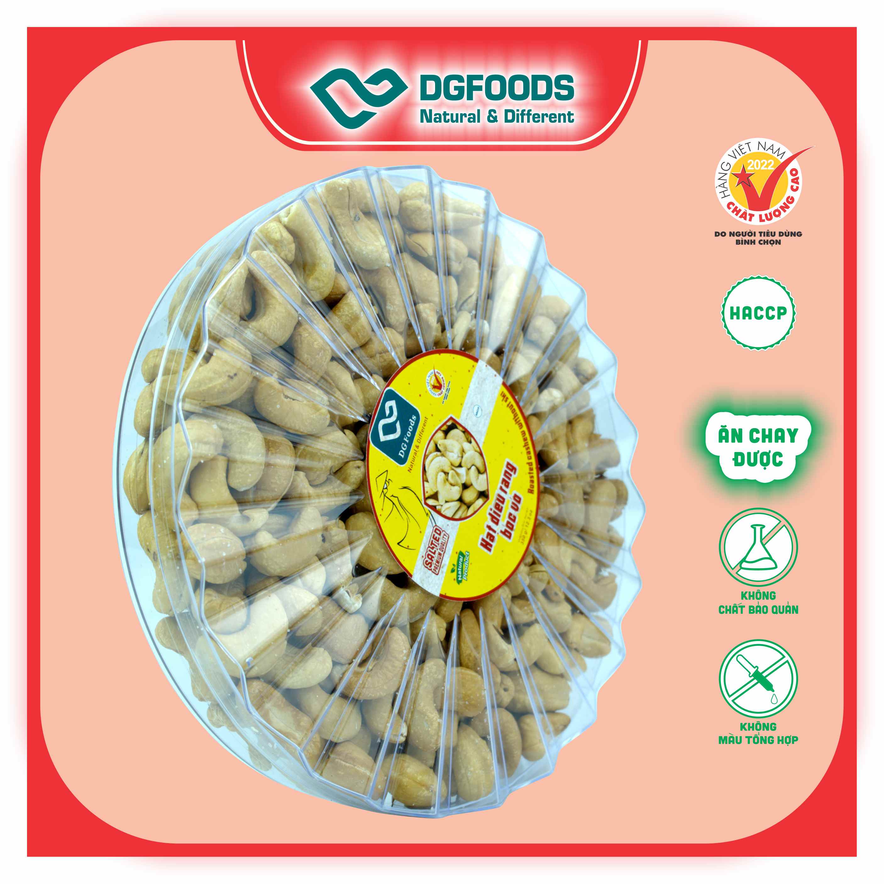 Hạt Điều Rang bóc vỏ Dgfoods 350g/hộp tròn Sun, HVNCLC, Haccp, Halal, Ăn chay, Ăn kiêng, Đặc sản Cần Thơ, hạt điều Bình Phước, hạt dinh dưỡng, quà Tết, hàng Tết, quà tặng, quà tặng cao cấp