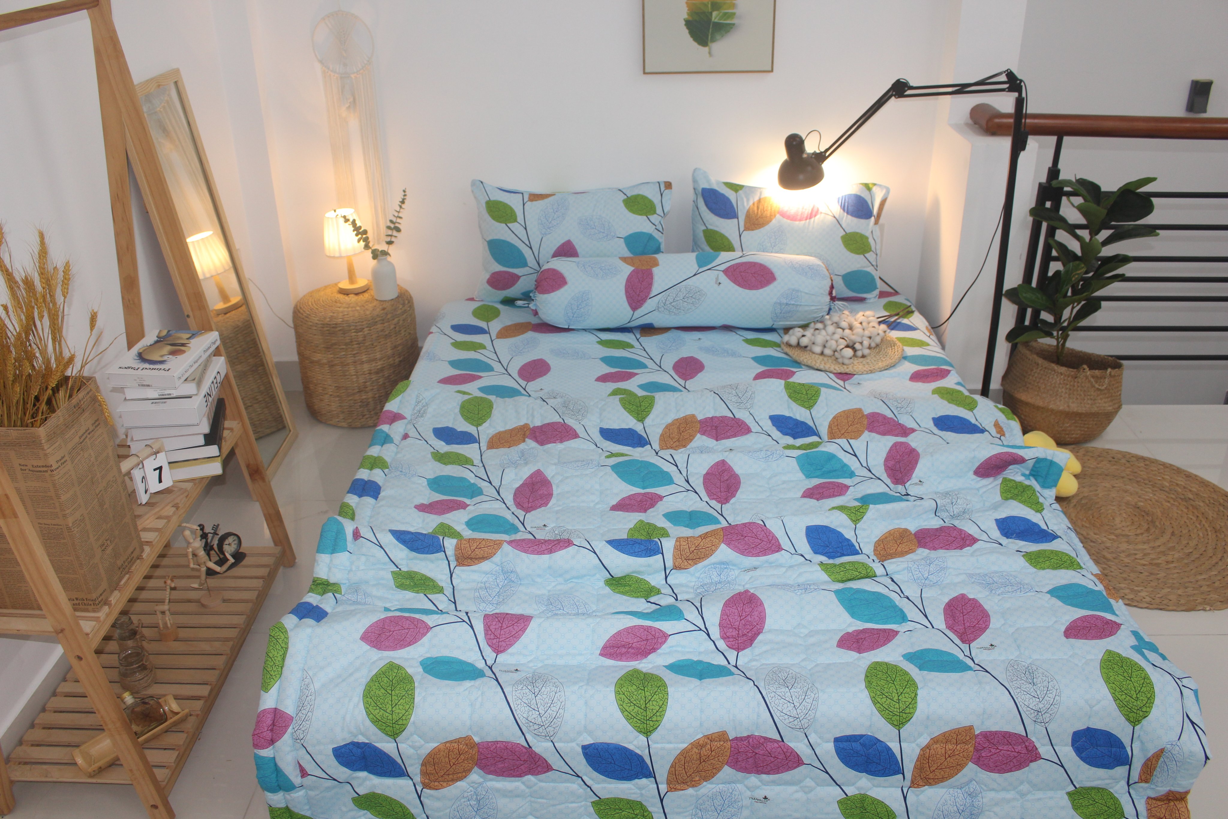 Bộ Drap Gối Cotton -Mẫu Lá Dây Nền Xanh vải dày dặn, mát mẻ, siêu thấm mồ hôi