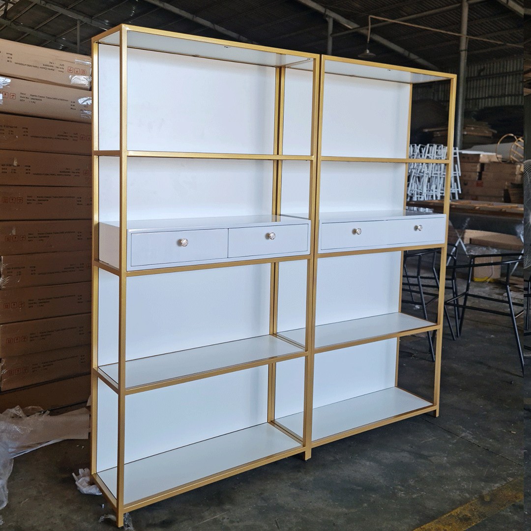 Kệ trưng bày trang trí 2 ngăn kéo đen IBIE AK020 mặt gỗ, khung sắt sơn tĩnh điện, tùy chọn kích thước, màu sắc