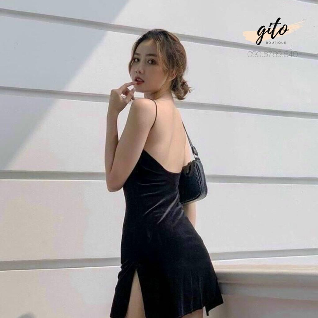 ĐẦM HAI DÂY XẺ ĐÙI HỞ LƯNG- NHUNG SEXY- ĐEN NGẮN/ĐỎ - GD030