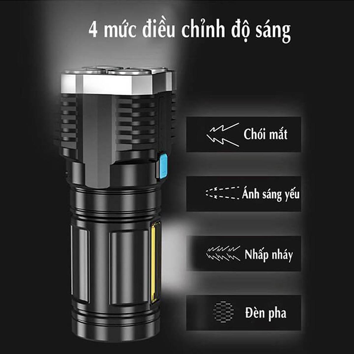 Đèn Pin Cầm Tay Siêu Sáng Chiếu Xa 4 Chế Độ Sáng, Chống Thấm Nước, Đèn Pin Mini Có 4 COB LED Tiện Dụng, Pin sạc tặng kèm dây sạc