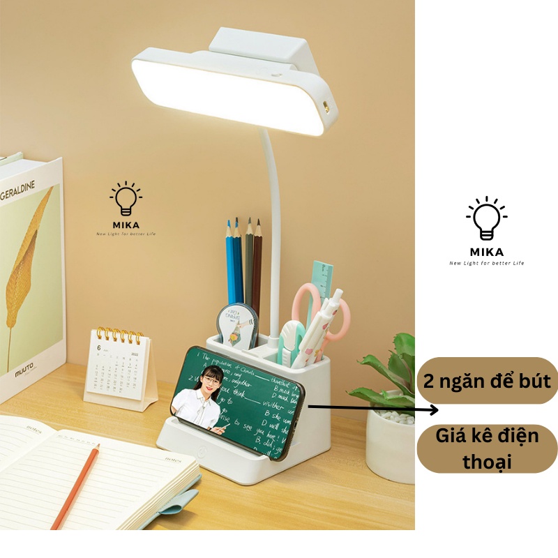 Đèn bàn học LED bảo vệ mắt đế hộp bút, giá để điện thoại tích hợp Pin dung lượng cao nhiều chế độ ánh sáng