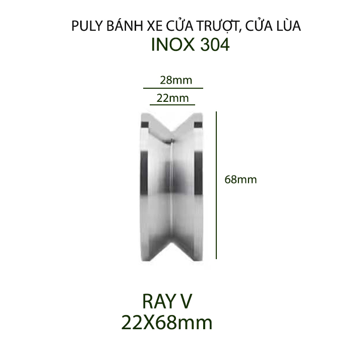 01 Bánh xe cho cửa cổng trượt, cửa lùa bằng inox 304, loại 22x68mm, Hình U, V, H tùy chọn