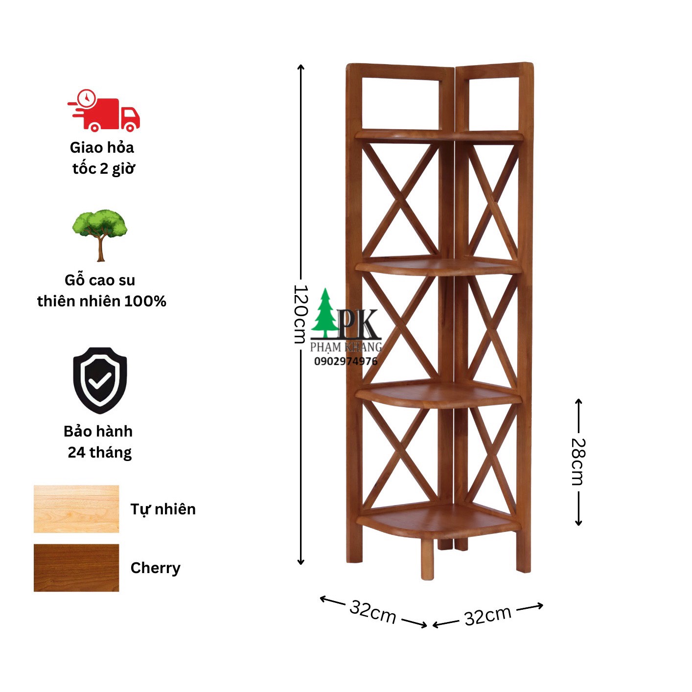 Kệ góc gỗ 3 tầng/ 4 tầng/ 5 tầng Phạm Khang - Gỗ cao su tự nhiên màu Gỗ Tự Nhiên/ Vàng Cherry - Kích thước rộng 32 cm