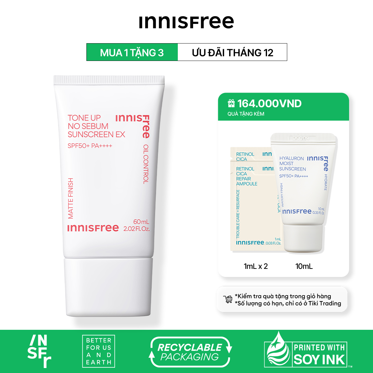 Kem Chống Nắng Nâng Tông Kiềm Dầu Innisfree Tone Up No Sebum Sunscreen Ex Spf 50 Pa 60 Ml New 2023