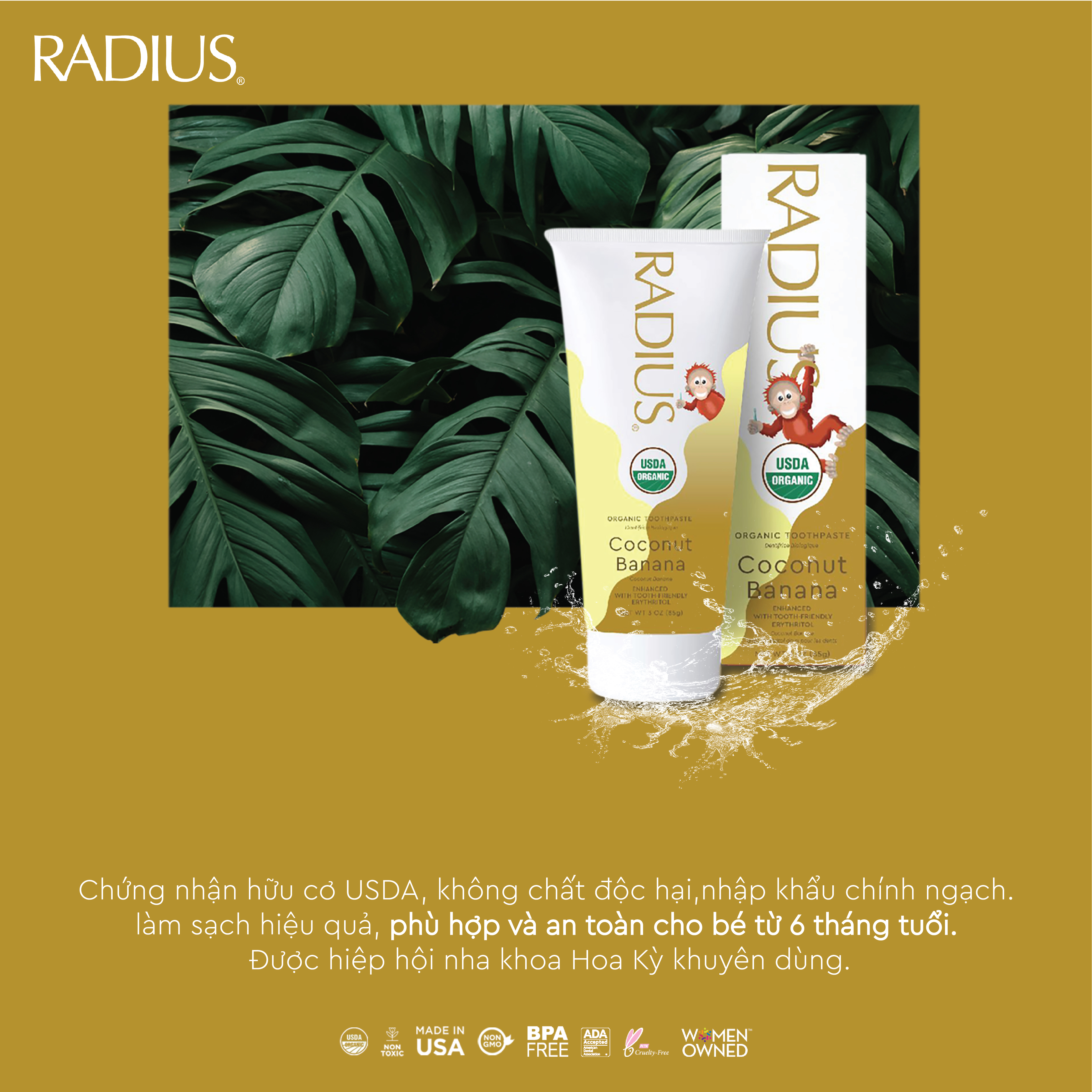 Kem Đánh Răng Hữu Cơ Trẻ Em Vị Chuối Dừa Radius - Organic Coconut Banana Toothpaste 85g