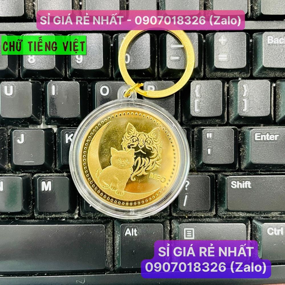 Móc Khóa Đồng Tiền Xu Con Mèo Mạ Vàng Quà tặng May Mắn Lì Xì Tết NELI