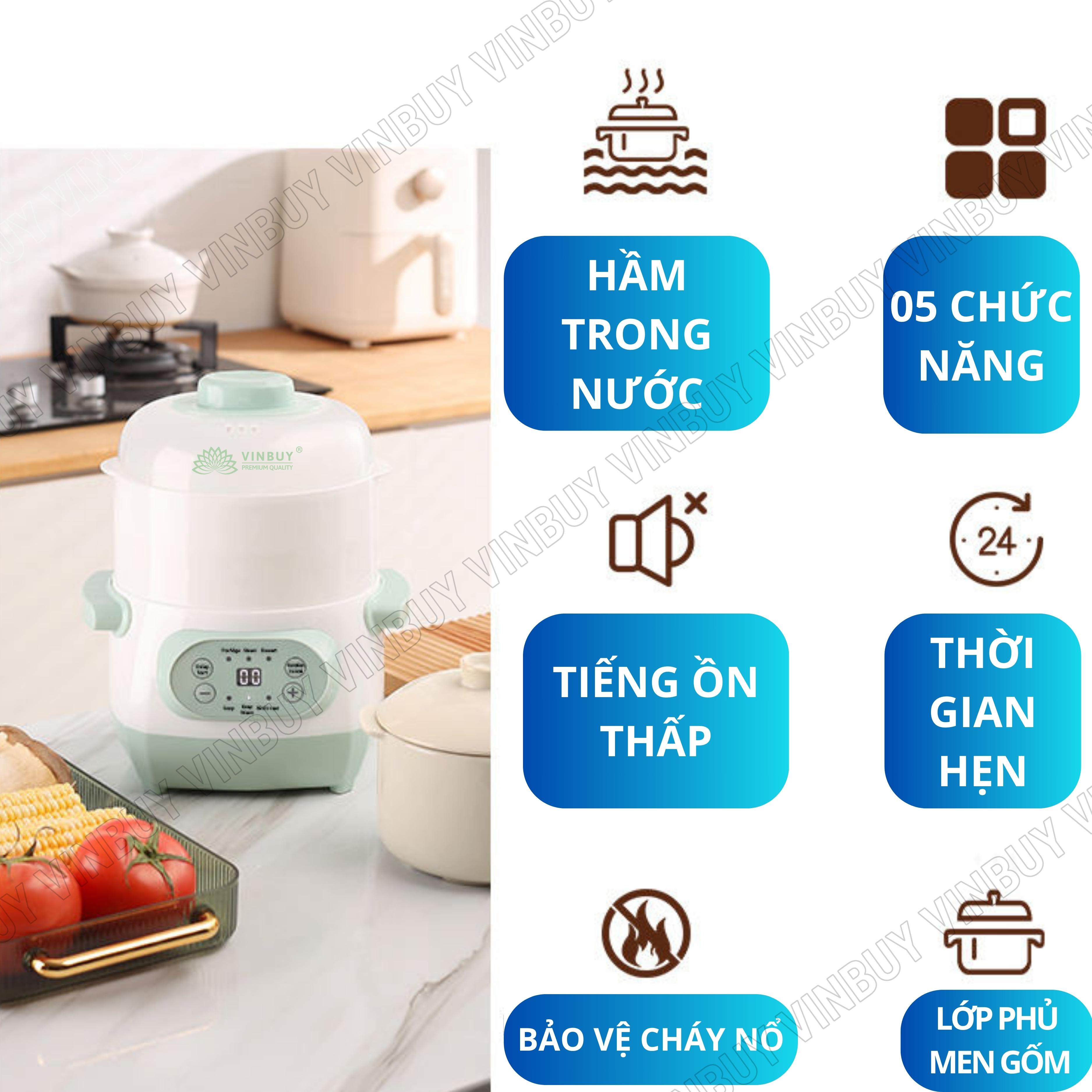 Nồi chưng yến, nồi nấu chậm, nồi tiềm thuốc bắc, nồi nấu cháo cho bé giữ trọn chất dinh dưỡng, dung tích 1 lít, công suất 200W - Hàng chính hãng VINBUY