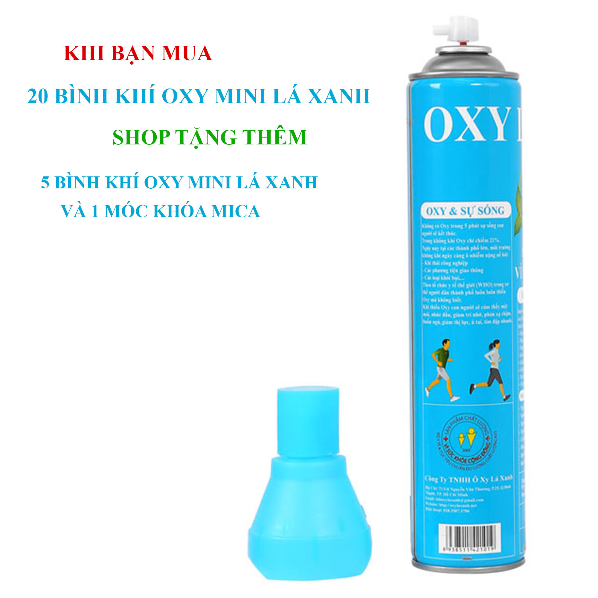 Combo 20 Bình khí Oxy mini Lá Xanh hỗ trợ hô hấp ; tặng thêm 5 bình khí cùng loại và 1 móc treo khóa nhắc nhở ( Bảo vệ hô hấp )