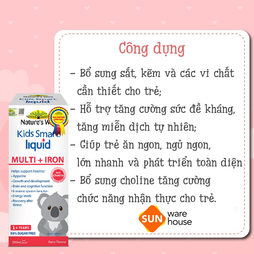 Siro Uống Nature's Way Kids Smart Liquid Multi + Iron Hỗ Trợ Nâng Cao Sức Đề Kháng Cho Trẻ 200ml