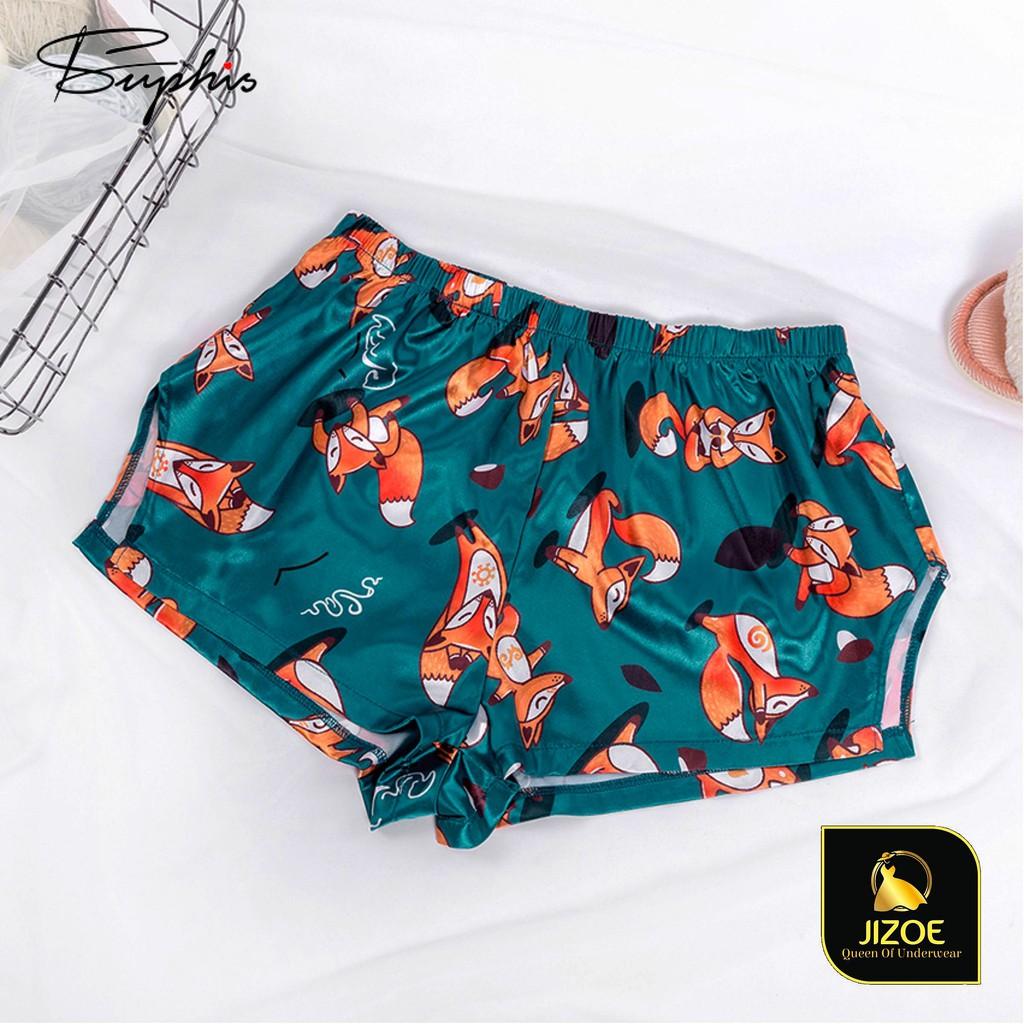 Bộ đồ ngủ nữ dễ thương quần cộc áo hai dây Croptop họa tiết cáo nhỏ đáng yêu chât liệu Satin cao cấp JIZOE BAN03