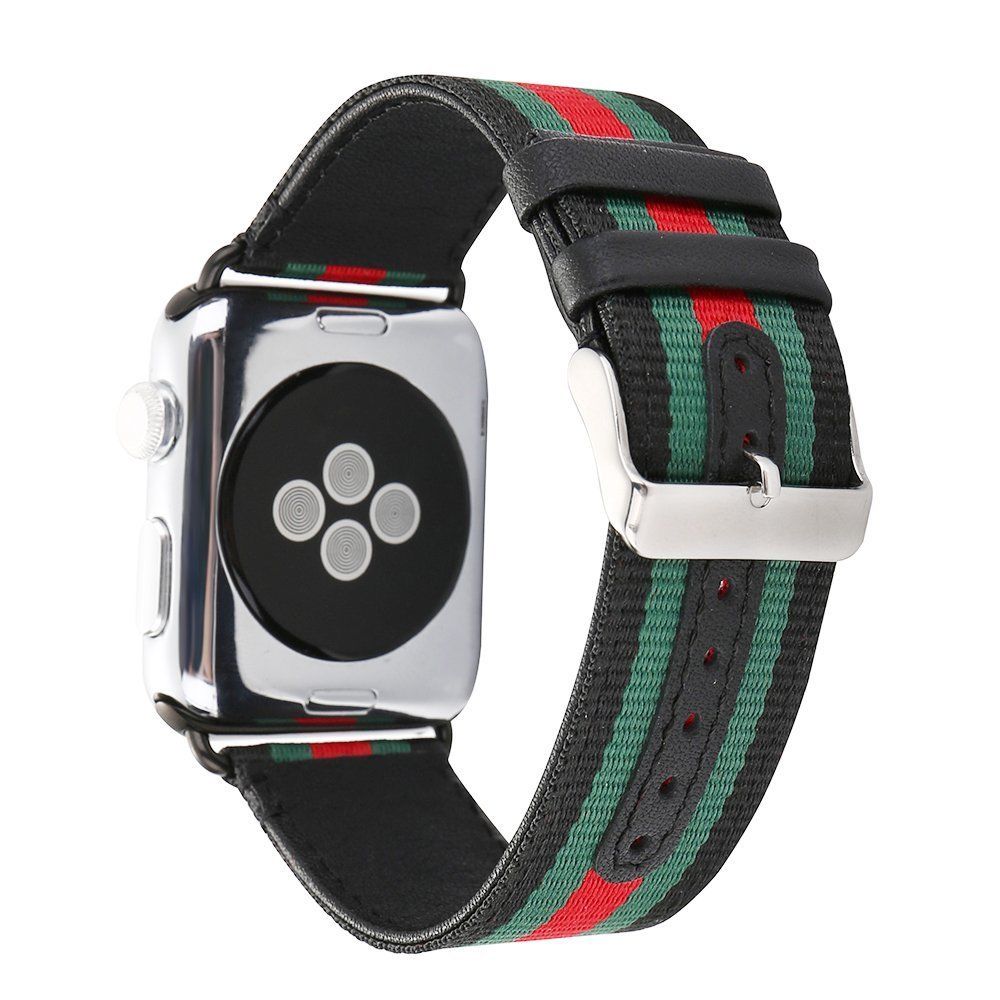 Dây đeo thay thế cho Apple Watch size 38cm, da phối vải  dù_Đen xanh đỏ_ hàng nhập khẩu