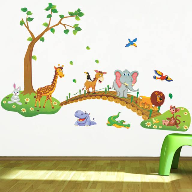 Decal dán tường Voi phun nước và thú qua cầu - HP430