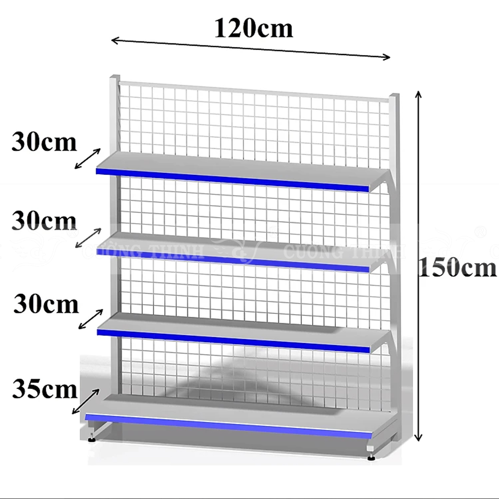 Kệ siêu thị áp tường {1 mặt } Dài 120 Rộng 35 Cao 150cm x 4 Tầng