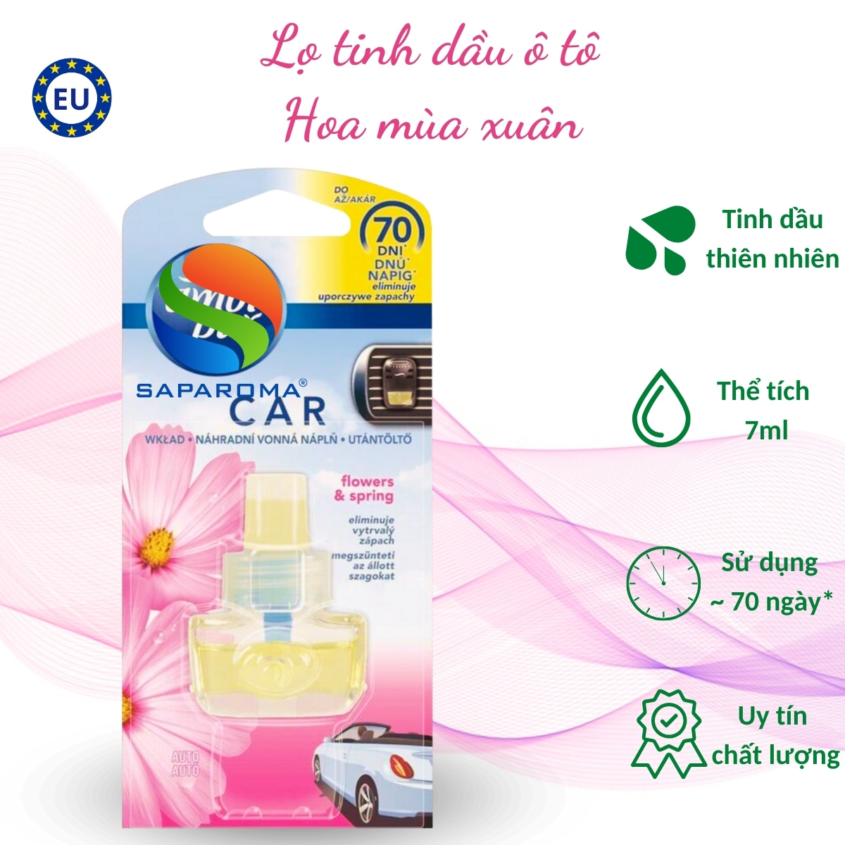 Lọ tinh dầu thơm ô tô Ambi Pur 7ml Flowers &amp; Spring - hoa mùa xuân, cài cửa gió, hỗ trợ khử mùi, nhập khẩu Châu Âu