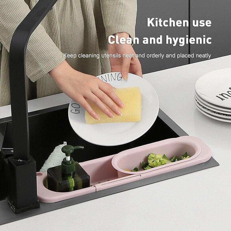 Telescopic Sink Shelf Kitchen Sinks Organizer Soap Sponge Holder Sink Drain Rack Storage Basket Towel Hook Kitchen Gadgets