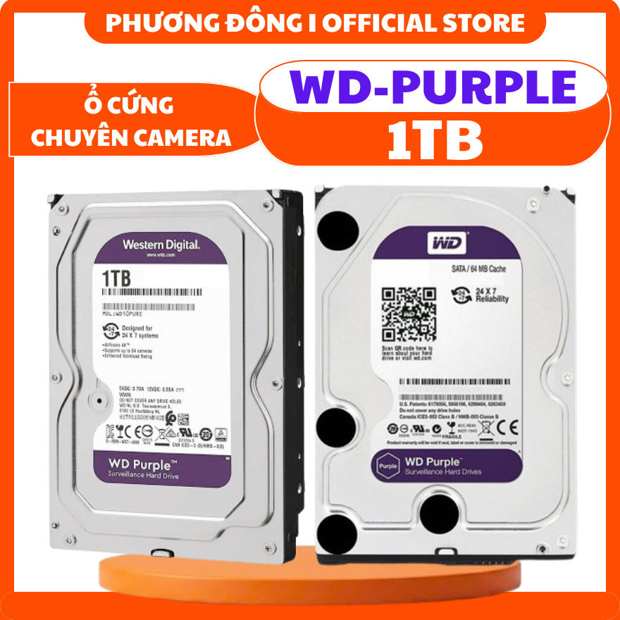 Ổ CỨNG WESTERN DIGITAL PURPLE 1TB 64MB CACHE, 3.5 INCH SATA III - GHI HÌNH LIÊN TỤC, TỐC ĐỘ ỔN ĐỊNH - HÀNG CHÍNH HÃNG
