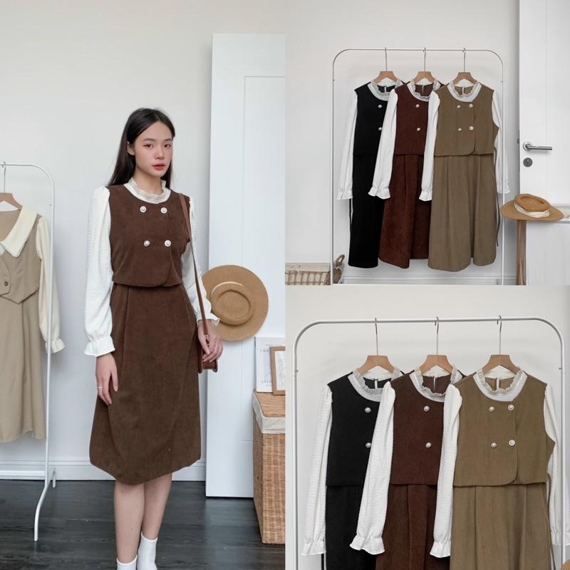 Set áo khoác dạ nữ 4 khuy trai cổ sun tay xốp váy dạ dài b877805 by germe