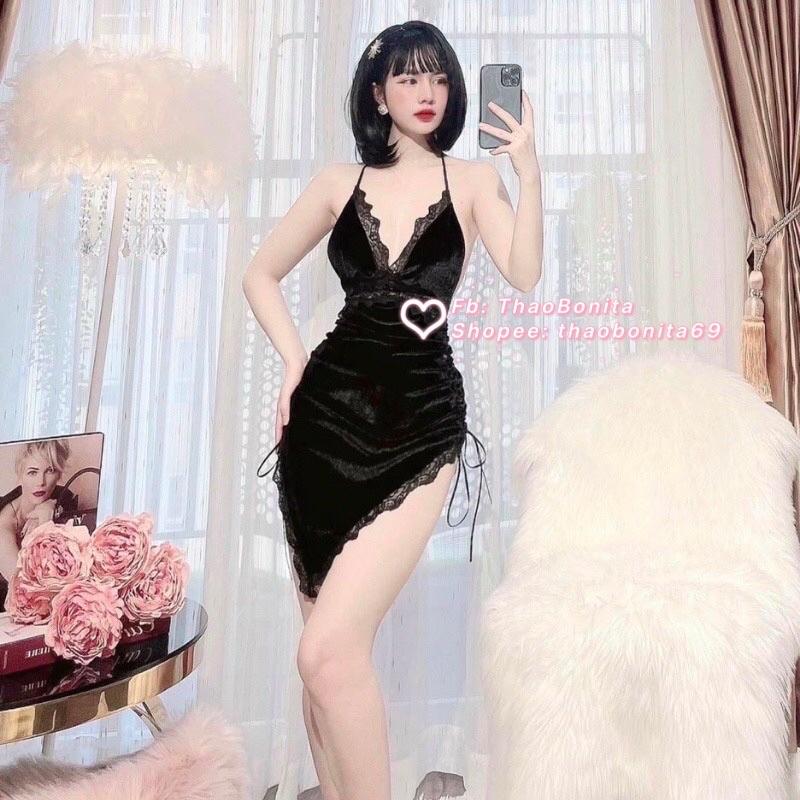 Váy ngủ vạt chéo dây rút vải nhung cao cấp siêu sexy. SHIP HOẢ TỐC TPHCM. Đồ ngủ cosplay sexy ThaoBonita