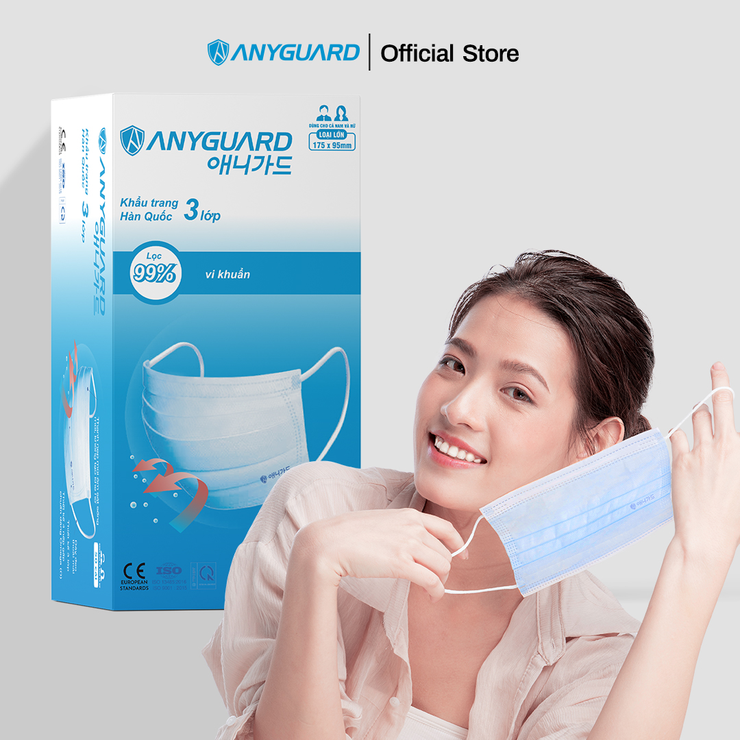 Khẩu Trang Y Tế Hàn Quốc Chính Hãng ANYGUARD 3 Lớp Kháng Khuẩn, Vải Mịn An Toàn Cho Da Nhạy Cảm - Dành Cho Người Lớn (Hộp 50 cái)