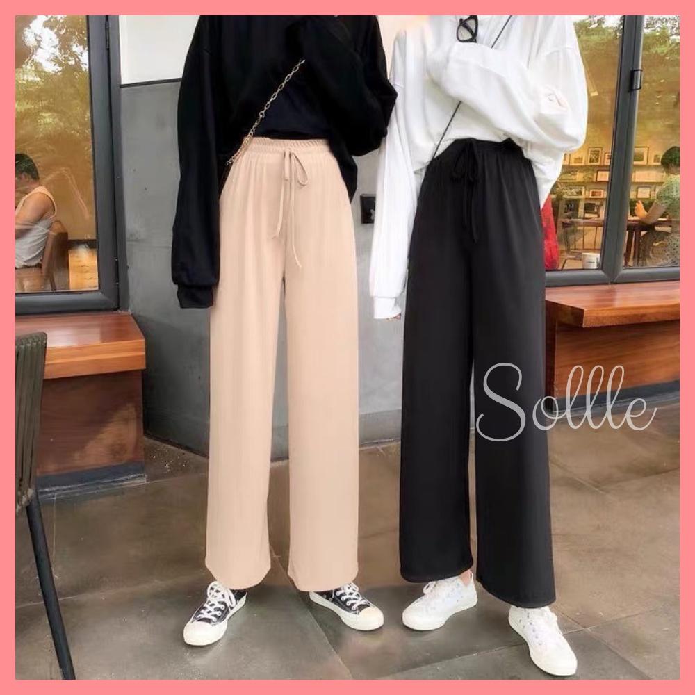 Quần len nữ ống suông rộng cạp chun culottes gân tăm free size chất mát Sollle