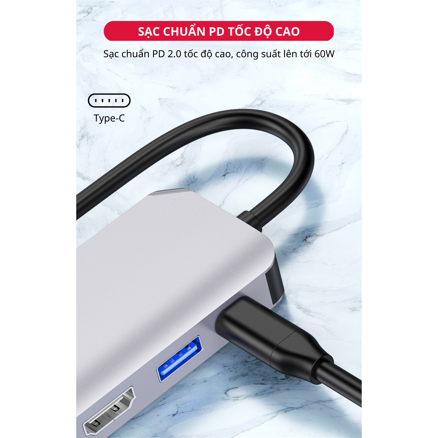 Hub Chuyển Đổi Type-C Chia 4 Cổng (4 in 1) HDMI/VGA/PD 2.0/USB 3.0 - Hàng Chính Hãng Tamayoko