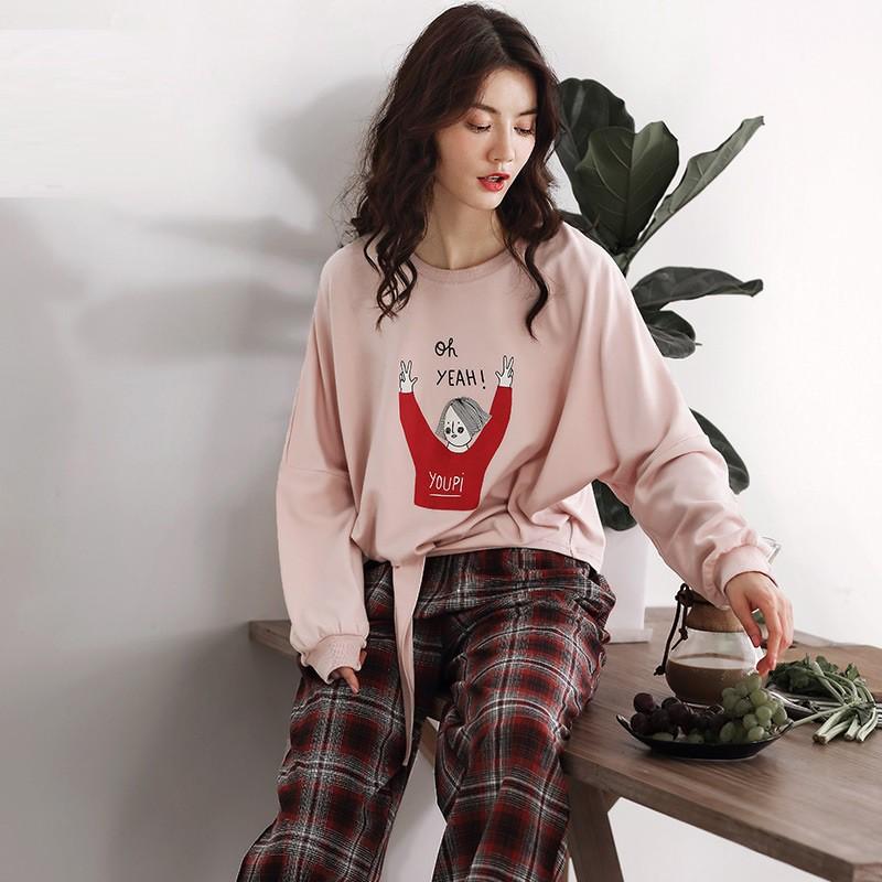 Bộ mặc nhà nữ dài tay vải thun cotton cột nơ quần kẻ