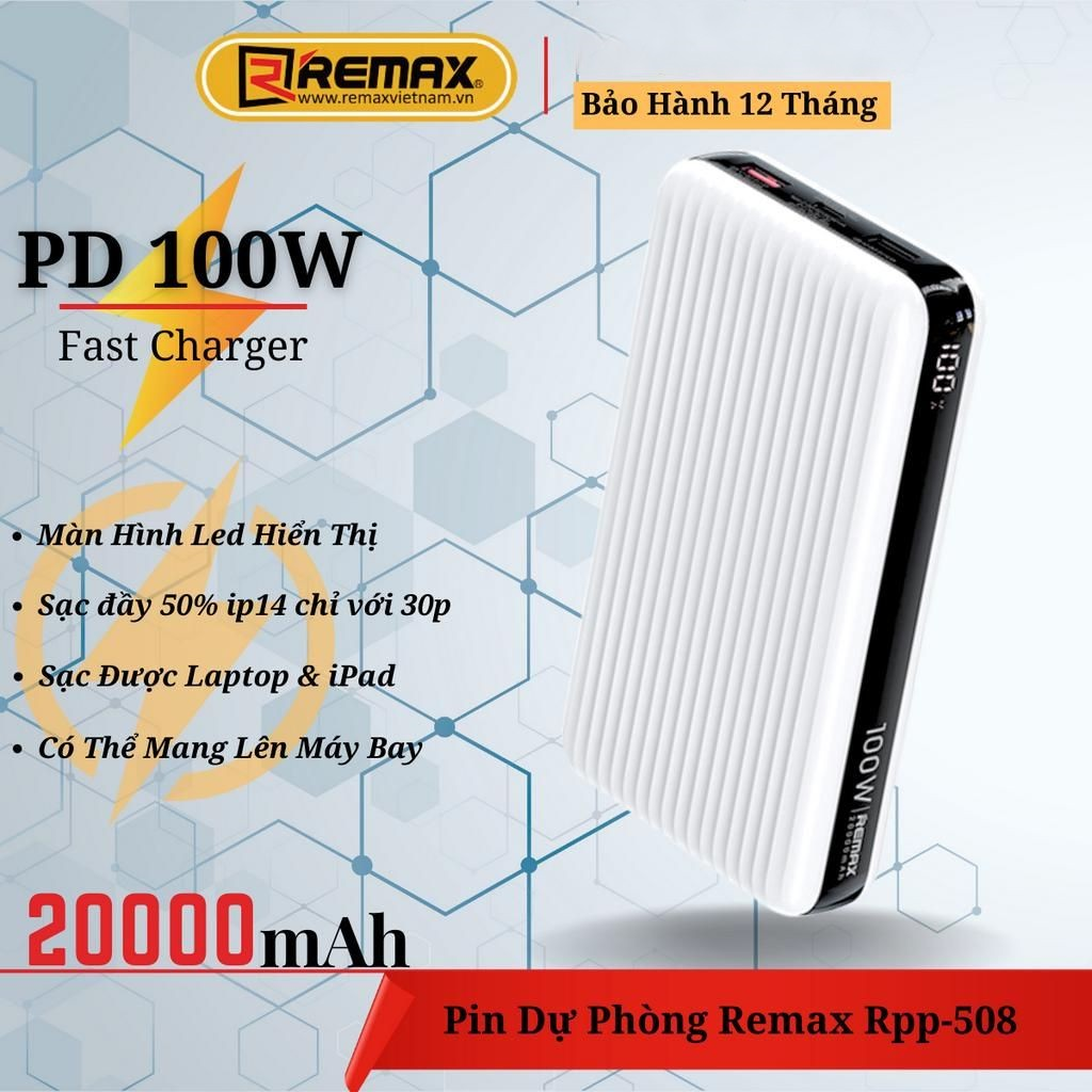 Pin Sạc Dự Phòng Remax RPP-508 20000mAh TypeC Output 100W / Input 65W và QC3.0 18W - Sạc Nhanh Cho Laptop và Tablet - Hàng Chính Hãng