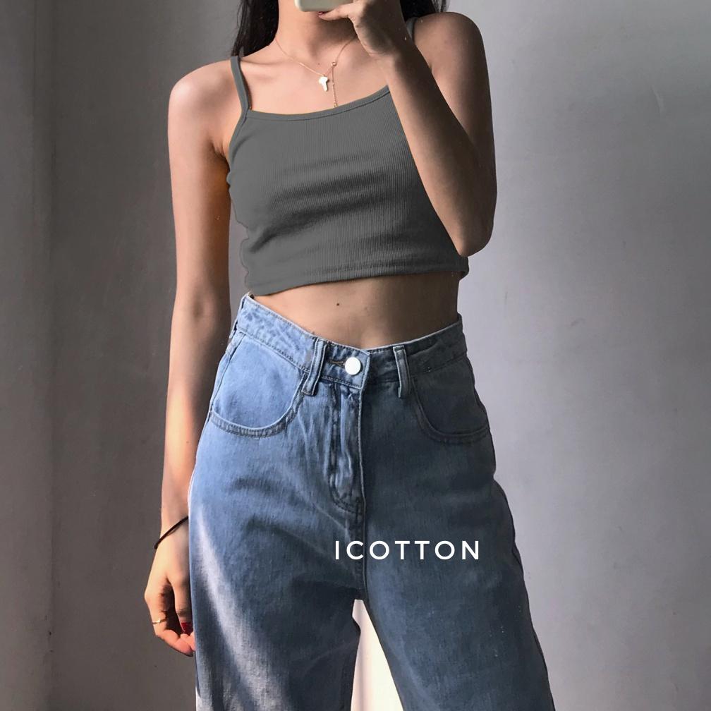 Áo 2 dây croptop nữ ️iCotton️ Áo 2 dây nữ dáng ngắn 100% cotton trắng đen cao cấp