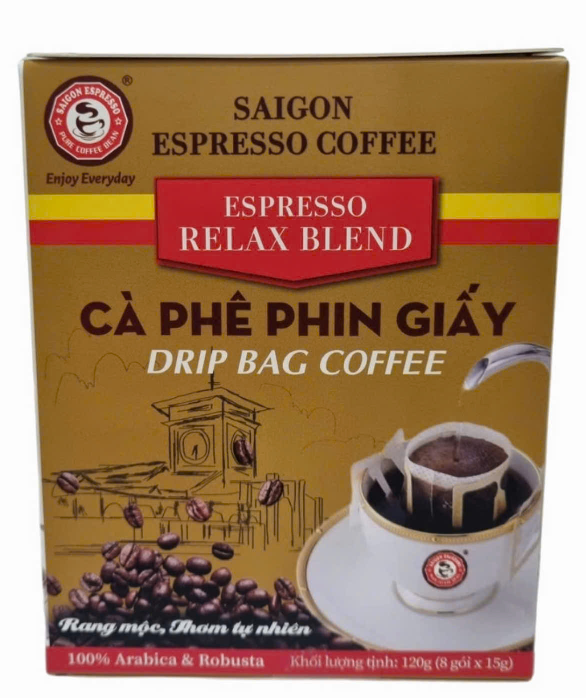 Cà phê phin giấy Relax Blend -Saigon Espresso - KLT: 120g/Hộp; (8 gói x15g) - Rang mộc, 100% cà phê nguyên chất, không hương liệu, vị đậm đà, chua nhẹ, thơm tự nhiên, với phong cách pha hiện đại và sành điệu