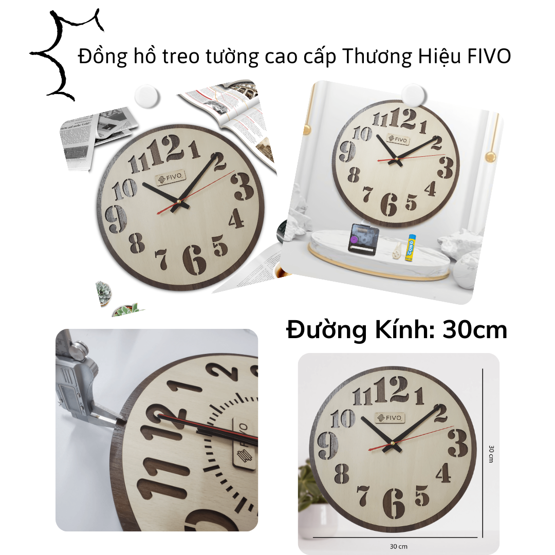 Đồng Hồ Treo Tường Decor Trang Trí,  Thương Hiệu FIVO Mẫu FW03 Thiết Kế Kim Trôi Đem Lại Không Gian Yên Tĩnh