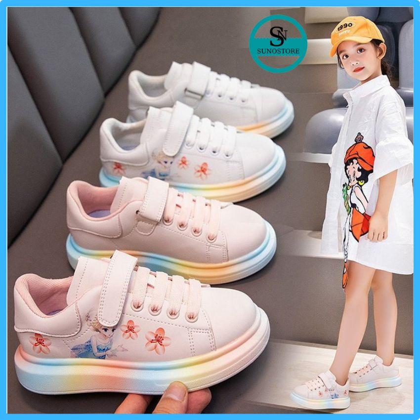 Giày thể thao cho bé gái từ 6 đến 15 tuổi giày trẻ em da mềm kiểu dáng elsa bé yêu thích GE10