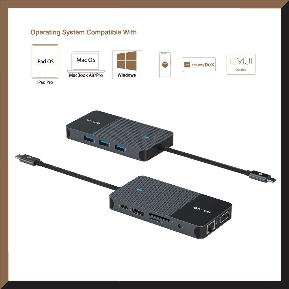 Bộ Chuyển Đổi MAZER Multimedia Pro Hub 10 in 1 USB-C Dài 20cm Gồm 03xUSB-A 01xUSB-C Audio 3.5mm HDMI VGA LAN SD/MicroSD Hàng Chính Hãng