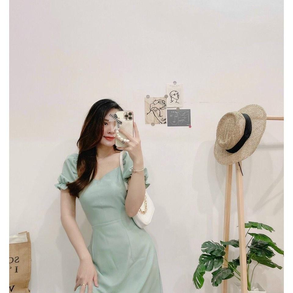 Đầm Cổ Tim Tay Nhún, Có Dây Cột Eo