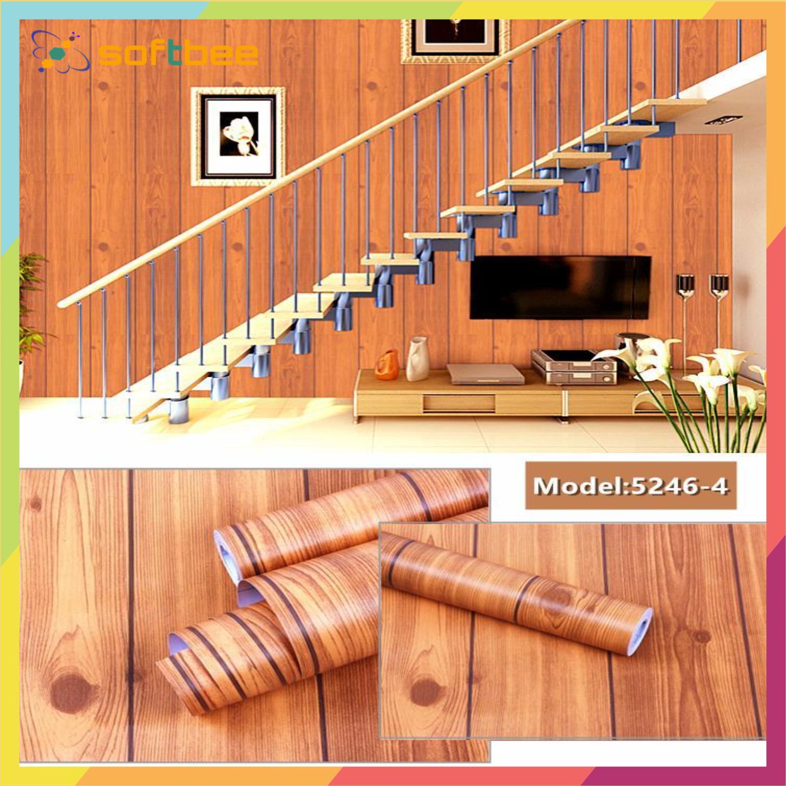 Decal dán tường in hình gỗ sọc cánh gián, có sẵn keo mặt sau, kích thước 0.45m x 10m / cuộn