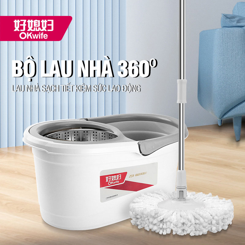 Bộ lau nhà 360 độ cao cấp OKwife Spin Mop có thùng lau nhà tự vắt lồng inox chống gỉ, cây lau nhà 360 độ, 2 bông lau